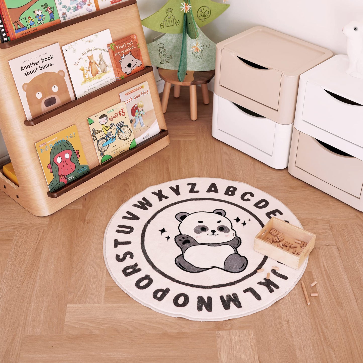 Round Black Panda Area Rugs with Alphabet Soft and Fluffy Indoor Decor